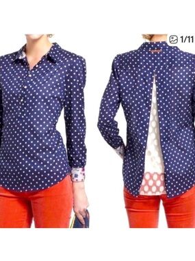 Birds of Paradise Trovato Navy Blue Polka Dot Lace Back Button Down Shirt XS